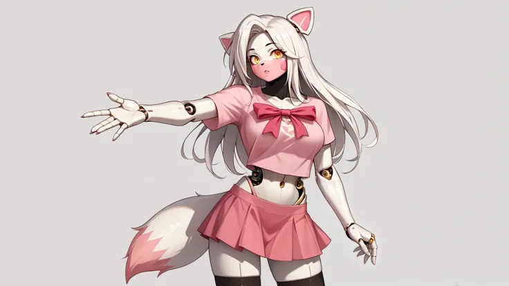 score_9,score_8_up, score_8, source_anime, source_anime, mangleFNIA,1girl,solo,long hair,large breasts,bow,animal ears,tail,yellow eyes,white hair,topless,furry,furry female,robot girl,white fur,bow,pink panties,tail,robot joints,pink fur,short pink skirt,...