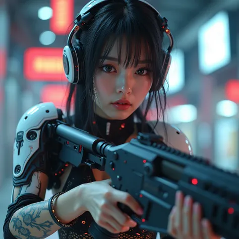 (best quality), future, Realistic, film rendering, (large cleavage,Big tits),(1 girl,korea face sexy , pale skin, (body heigth:140cm), innocent look, Young face,Beauty, photorealistic, a beautiful Asian woman holding a futuristic  sniper rifle, solo, miko ...