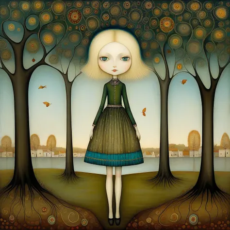 Patchwork by Klimt, Nicoletta Ceccoli, Naoto Hattori, Catrin Welz-Stein, Leonora Carrington of wide shot of A young woman, blond hair, skirt. Big, sweet blue-green eyes, the barely-there smile . She is cold from a light wind that tousles her hair. She walk...