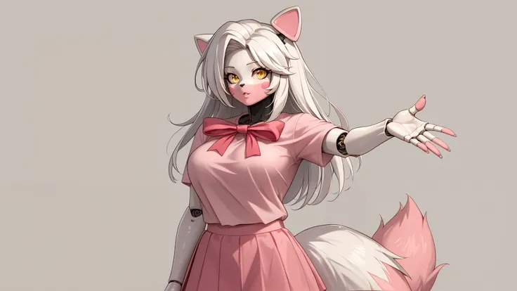score_9,score_8_up, score_8, source_anime, source_anime, mangleFNIA,1girl,solo,long hair,large breasts,bow,animal ears,tail,yellow eyes,white hair,topless,furry,furry female,robot girl,white fur,bow,tail,robot joints,pink fur,short pink skirt,sexy black st...