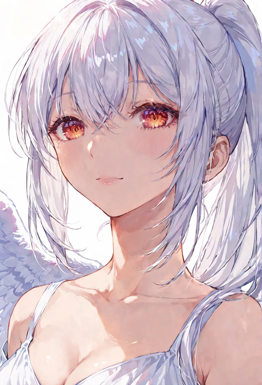 1 girl, solo, mature woman, white dress ponytail on the shoulder, white hair, angel