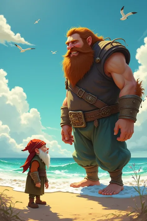 Dwarf meeting cute giant on beach in a lovely sunny day