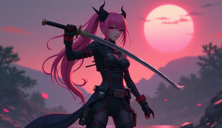 Create the character ZERO TWO from the anime Darling in the Franxx, I want her to be customized as a katana assassin, with a background of dusk