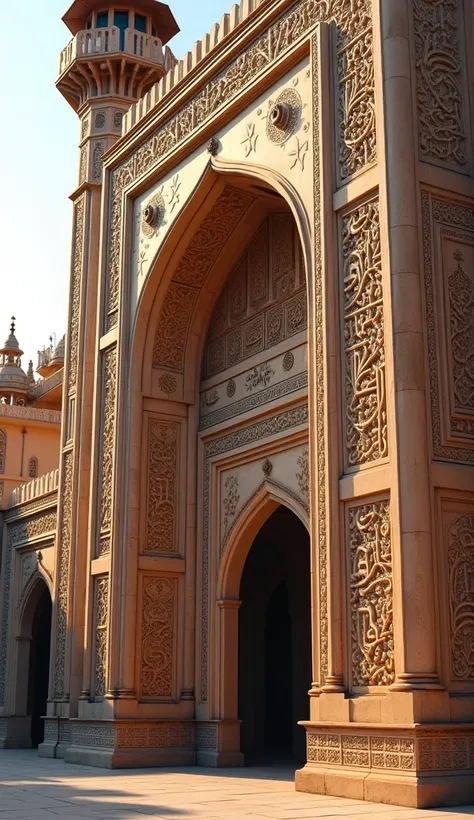 "A close-up view of the four-story Aftabganj Jame Mosque with intricate craftsmanship. Highlight the Arabic calligraphy, crescent moon and star designs, and ornate carvings on the walls, reflecting exquisite artistry under sunlight."
