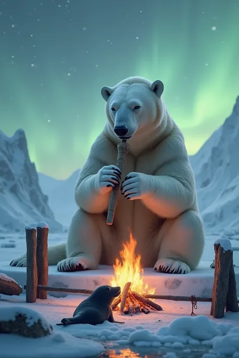 A hyper-realistic photograph of a majestic polar bear playing a wooden flute, sitting on an ice block amidst a snow-covered Arctic landscape. In front of it, a seal is skewered on a metal spit, slowly rotating over a blazing fire, supported by two sturdy w...