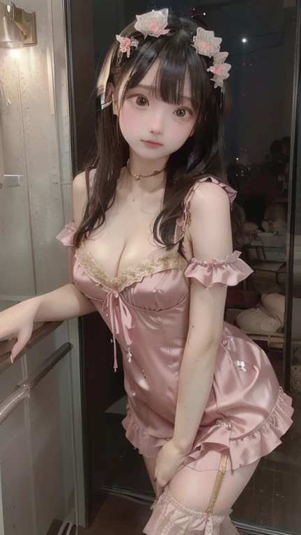  1 beautiful girl with pieces 、round face、Big eyes、Droopy eyes、Blonde、Short bob with straight forward descent、Realistic、The background is an old castle at night 、 galaxy in the sky and the universe shines 、 Sexy Flared Dress 、 Lots of Pink Lace Ruffles 、 S...