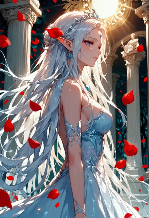 score_9, score_8_up, score_7_up, score_6_up, score_5_up, score_4_up, anime comic illustration fantasy art, (red petals: 1.3) falling from the sky on an ice statue of an a beautiful female elf standing in forest, cloud of red petals swirling around the ice ...