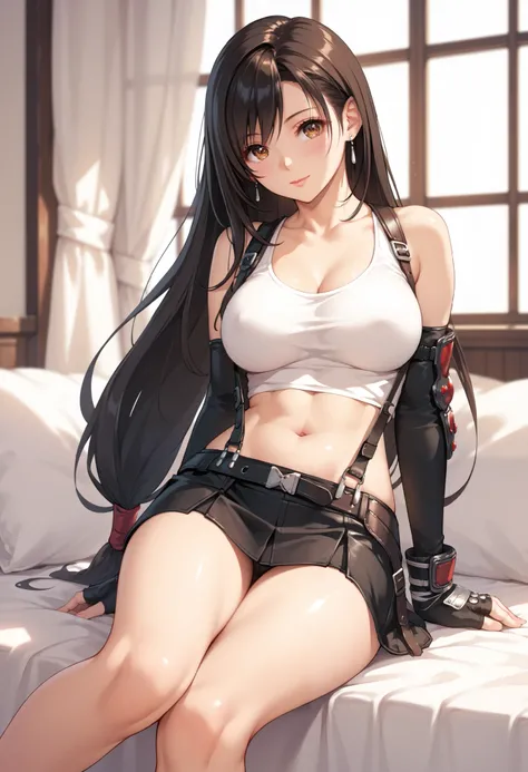 sfw, extremely detailed CG, high resolution, best quality, masterpiece, single woman, tifa lockhart (final fantasy), black hair, long hair, brown eyes, (beautiful detailed eyes: 1.4), medium breasts, long legs, white tank top (bare belly), black suspenders...