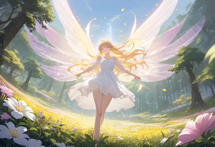 fairy, fantasy world, girl with gigantic wings, golden wings, aerial pose, flying gracefully, vibrant field, blooming flowers, colorful petals, distant forest, soft sunlight, ethereal glow, flowing hair, blond hair, bare feet, delicate smile, soft mist, in...