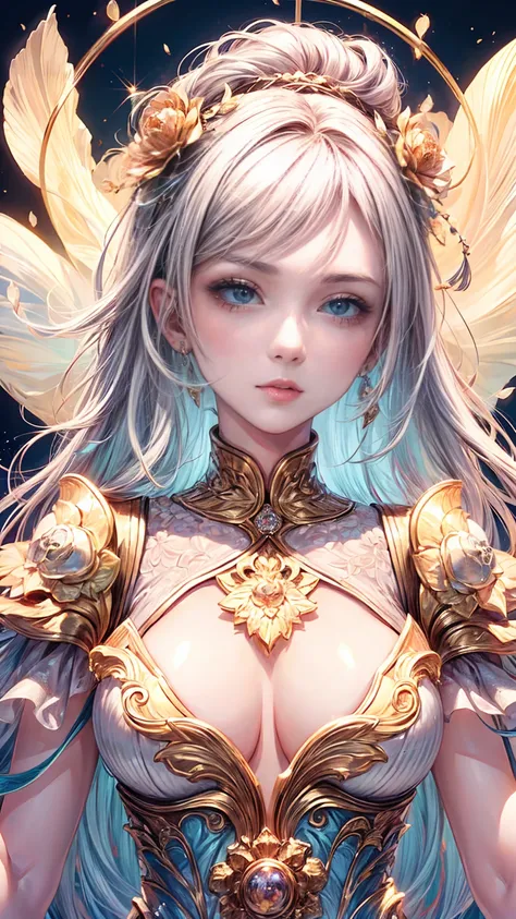 ( best quality , 8k, CG,  beautiful and with beautiful details of the top, ,  female thumbs , Beautiful fantasy dress ,  flower background ,  Complex facial features , length, Floating hair , Almond eyes,  beautifully styled eyes , length eyelashes flutter...