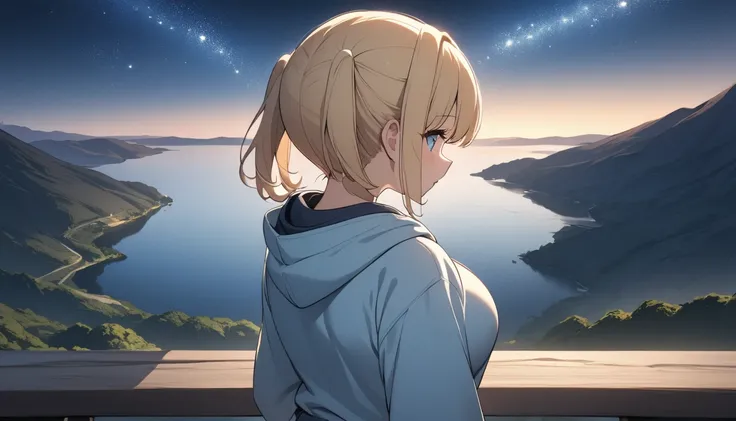  1 girl、Blonde、 two side up、 hair that flutters like、 Big Breasts 、 light blue hoodie looking out at the starry sky、 back view、 standing、Full body portrait、night、Overlooking the lake from the top of the mountain