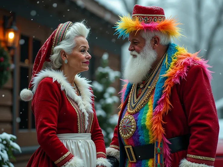 Crying Mrs. Claus says goodbye to Santa Claus wearing GAY parade clothes leaving home