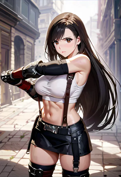 sfw, extremely detailed CG, high resolution, best quality, masterpiece, single woman, tifa lockhart (final fantasy), black hair, long hair, brown eyes, (beautiful detailed eyes: 1.4), medium breasts, long legs, white tank top (bare belly), black suspenders...
