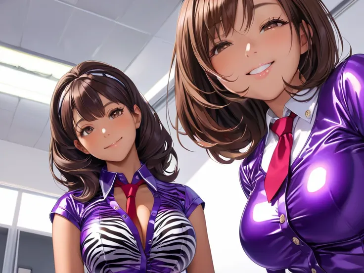 2 dark-skinned girls in extremely tight shiny purple latex blouse buttoned with zebra pattern,Necktie, high resolution ,  masterpiece, volumizing hair, Pointed hair ,  brown hair , Breasts, smile, Lens reflection, Reflected light, Are in school, From under...