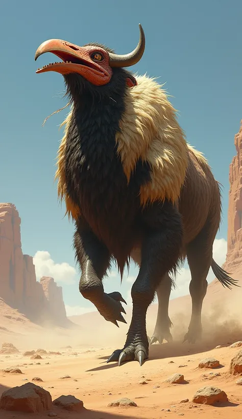 Create a realistic image of a monstrous hybrid of a Bison and a monstrous stork, furious, terrifying in a desert.