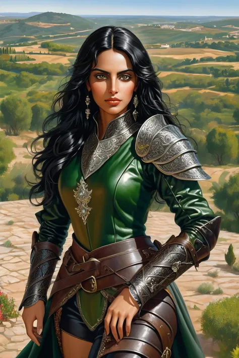 , a Spanish woman in leather armor  ,  has long black hair. dark-skinned.  dark green eyes , against the background of the Spanish landscape 