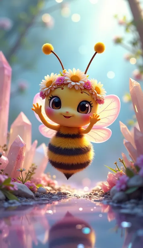 bee with translucent rainbow wings and flower crown, cartoon, arms, hands, cute eyes, looking at viewer, arms up, ethereal crystal forest background, iridescent body, reflex, pastel colors