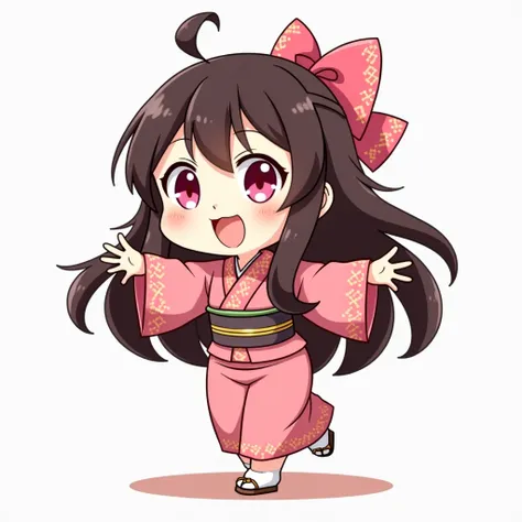 A full-body chibi-style anime character inspired by Nezuko Kamado from Demon Slayer, animated in 4K ultra-high-quality resolution for video with no background. The character has long, flowing dark brown hair with soft orange tips, tied with a pink ribbon t...