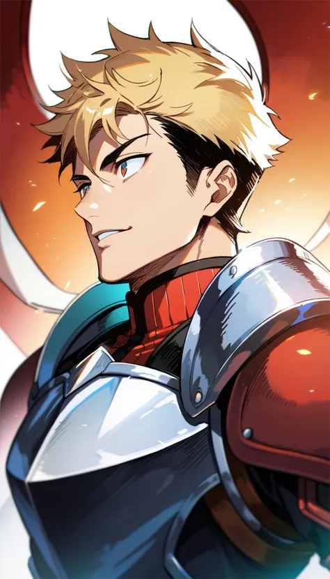 a royal demi-god young adult, blonde hair ,knight armor , bigger, manly, male only, anime style, 