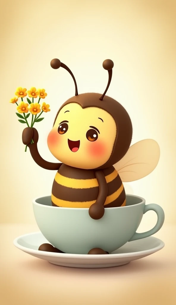 cute bee, cartoon, arms, hands, cute eyes, looking at viewer, arms up, holding a tiny flower bouquet, inside a teacup, pastel colors, soft lighting, legs