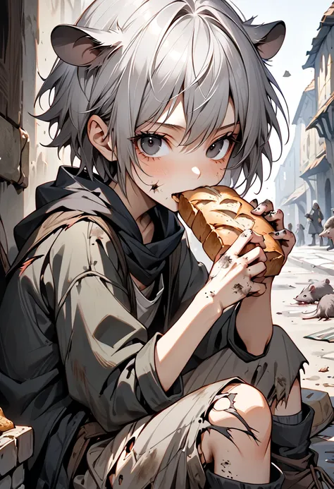 1girl, rat girl, grey hair, short hair, rat ears, rat tail, black eyes, hairy rat-like hands, vagrant, homeless, dirty clothes, medieval, eating small loaf of stale bread, torn clothes, young, tomboy, slouching, close up, teenager, sitting, looking at view...