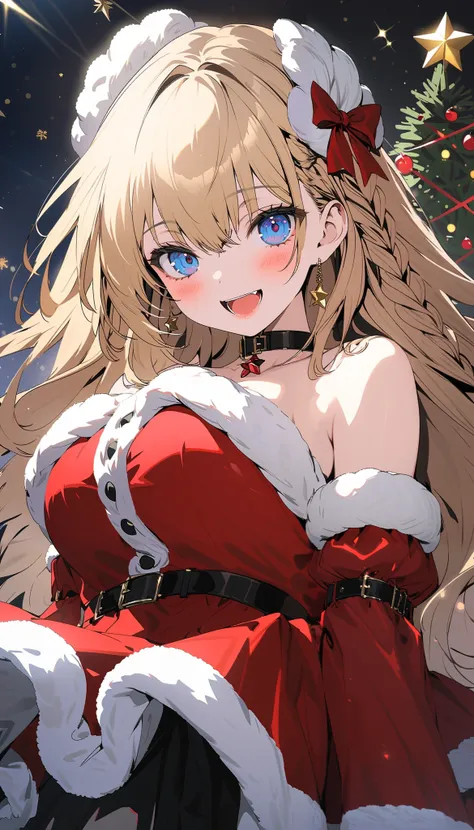 1girl, solo, long hair, looking at viewer, blush, smile, open mouth, blue eyes, large breasts, blonde hair, ribbon, cleavage, bare shoulders, full body, braid, boots, detached sleeves, choker, socks, fur trim, red dress, red footwear, strapless dress, sant...