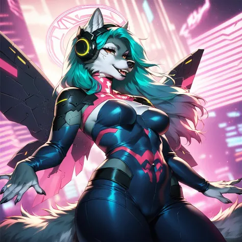 Cyberpunk, cyberpunk city, ((score_9, score_8, score_7)), (highly detailed), detailed background, anthro, beautiful eyes, dynamic pose , dynamic angle, female, wolf, hologram halo, Robotic wings, cyberpunk clothes, unique colors, headphones, 