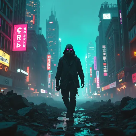 Araaf man wearing a gas mask walks through the destroyed city ， Skyline of a dense and sprawling city in the grunge world , cyberpunk, night, neon, spotlight, holography,smoky, Magenta, Teal and Neon, Luminescent, ethereal light,starry sky, Hectic, spatial...