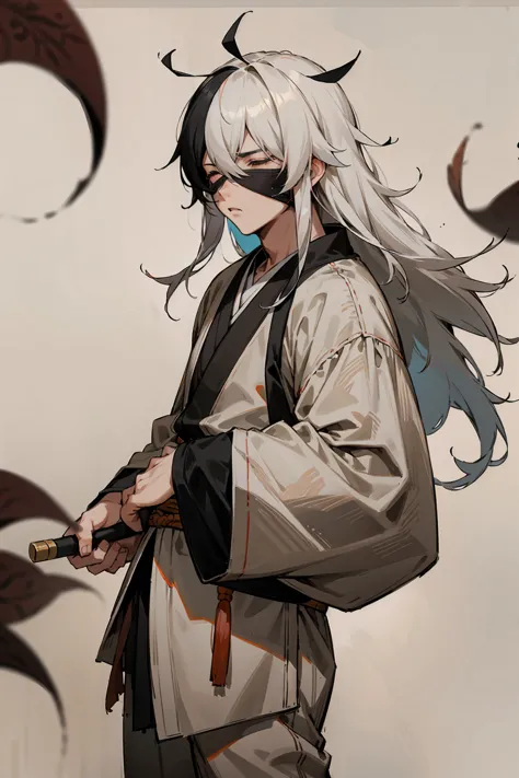 1male, young adult, black and white hair, two toned hair, long messy hair, blindfold, shaolin outfit, martial arts temple, leave...