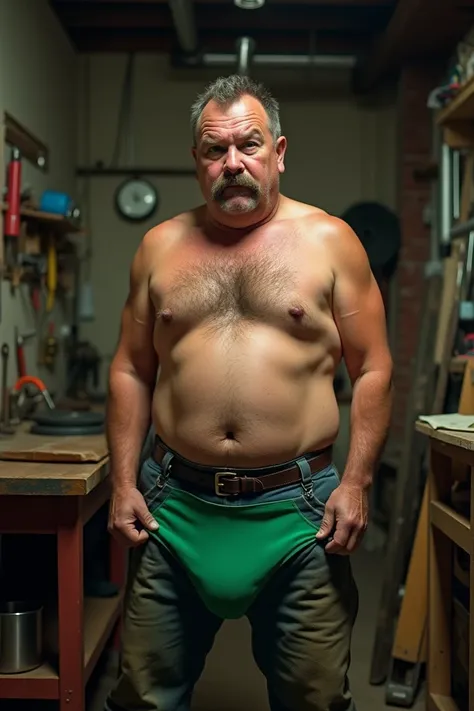 A photo of a plumber who has pants that fall with green briefs