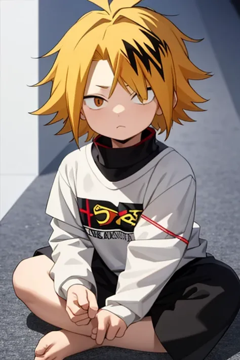  masterpiece ,  better quality ,  lyrics, 1 , Alone, male focus,  looking at the viewer , upper body, Kaminari_thank you, blonde hair,  multicolored _hair,   toddler, curious,  sitting on the floor , mirada: curious