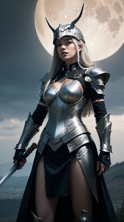 A majestic female warrior in a futuristic fantasy setting, adorned in intricately detailed, silver and white armor with ornate engravings. She has long flowing white hair, wearing a helmet with horn-like extensions, and stands confidently holding a sleek, ...