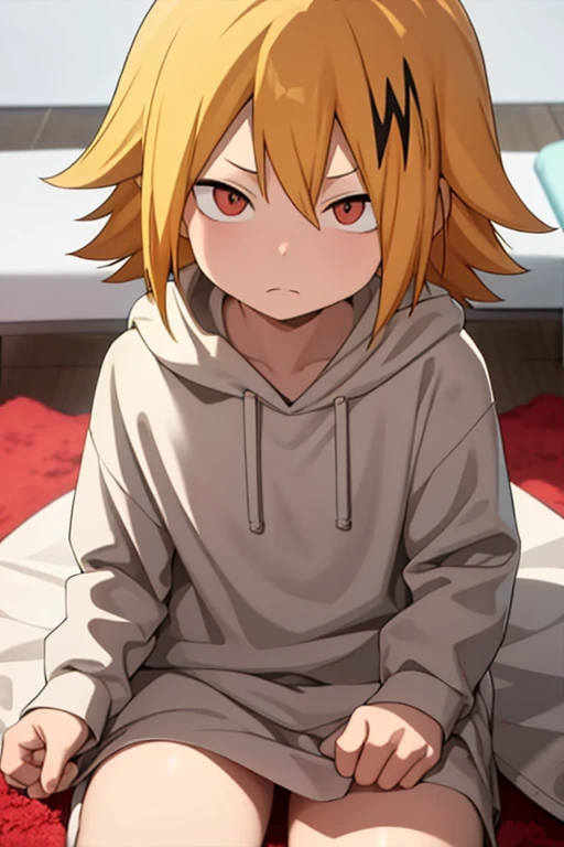  masterpiece ,  better quality ,  lyrics, 1 , Alone, male focus,  looking at the viewer , upper body, Kaminari_thank you, blonde hair,  multicolored _hair,  Small baby wrapped in a blanket, curious,  sitting on the floor , mirada: curious, Large Shirt