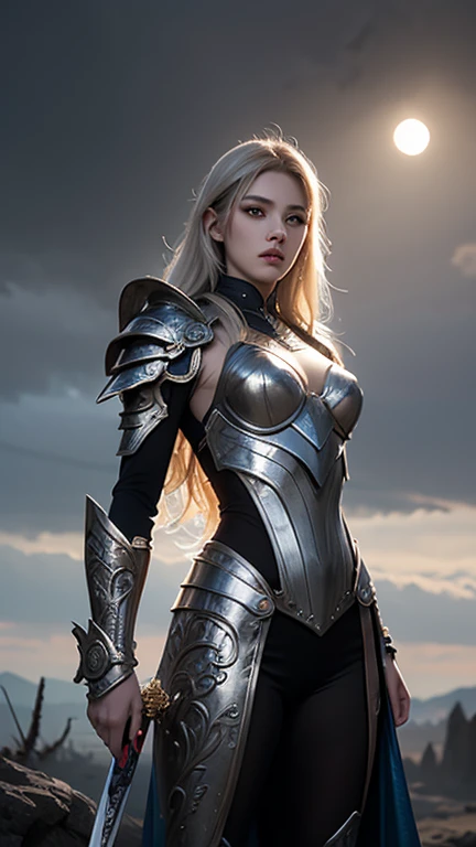 A majestic female warrior in a futuristic fantasy setting, adorned in intricately detailed, silver and white armor with ornate engravings. She has long flowing white hair, wearing a helmet with horn-like extensions, and stands confidently holding a sleek, ...