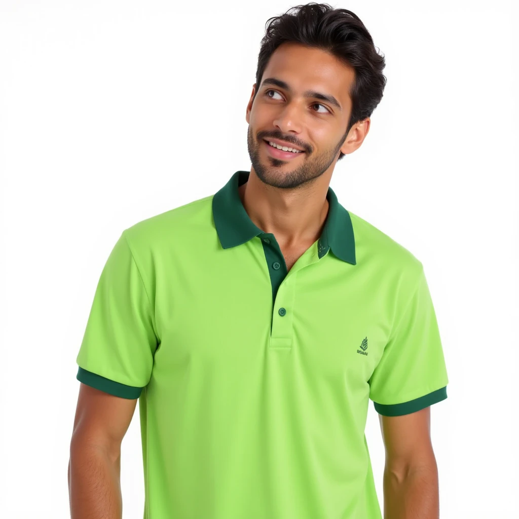 A Brazilian man with black hair, wearing a short sleeve polo shirt in a vibrant light green that exactly matches the hex color #78be20, featuring a solid dark green collar and dark green sleeve trims that create a subtle contrast. The greens on the shirt h...