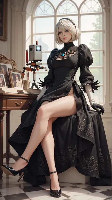 2b (NieR Automata) sitting,  masterpiece ,  Best Quality ,  high resolution, 