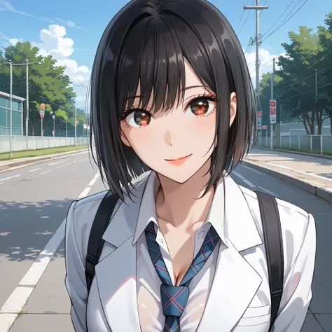   score_9,  score_8_up,  score_7_up,  source_Anime,masterpiece, big eyes,smile 、  best quality,  BEAUTIFUL AND DETAILED EYES  , Desperate look 、 pretty girl 、 highly detailed eyes and face, black eyes,cleavage,partially unbuttoned,black hair, bob cut,Brown...