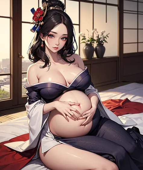 ((Best quality, 8k, Masterpiece :1.3)), Sharp focus :1.2, ((18years.Beautiful geisha in kimono.bare shoulders,Is pregnant. Big Pregnant belly))sitting in the room. On the bed. °Highly detailed face and skin texture, natural makeup, Detailed eyes, Double ey...