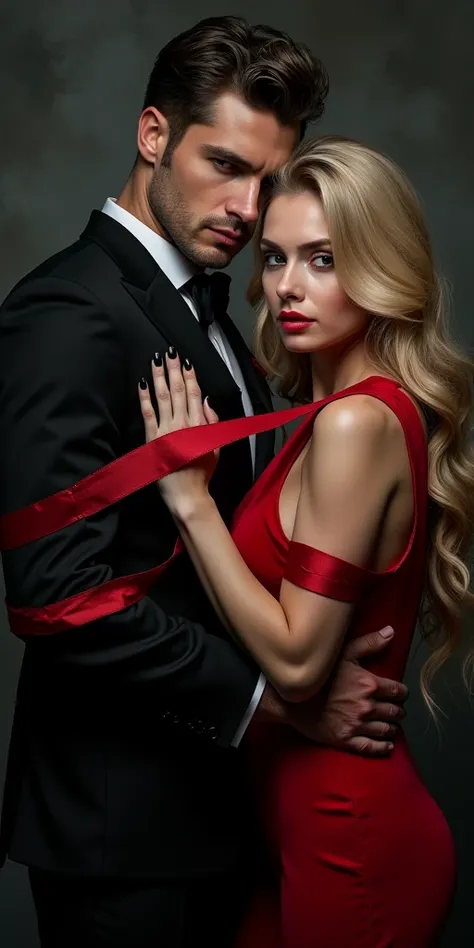 Capa Ebook de Dark Romance, man in a mens suit, dark haired, Blonde woman dressed, red tape