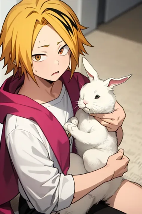  masterpiece ,  better quality ,  lyrics, 1 , Alone, male focus,  looking at the viewer , upper body, Kaminari_thank you, blonde hair,  multicolored _hair,  Small baby wrapped in a blanket, curious,  sitting on the floor , mirada: curious, Large Shirt, hug...