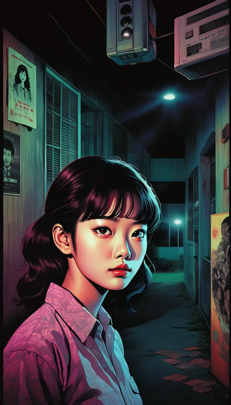 an illustration、art、80s thai horror movie poster, supervised by junji ito、(high school student:1.0)、office、attention to detail, ...