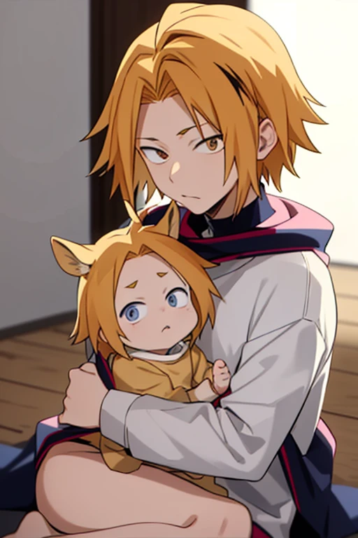  masterpiece ,  better quality ,  lyrics, 1 , Alone, male focus,  looking at the viewer , upper body, Kaminari_thank you, blonde hair,  multicolored _hair,  Small baby wrapped in a blanket, curious,  sitting on the floor , mirada: curious, Large Shirt, hug...