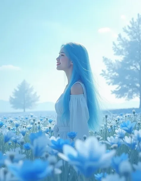 (absurdres, haute résolution, ultra détaillé, Ultra HD, cinématographique), Seul, 1fille, mature, heureux, girl standing in bleu clair flower field, bleu clair flower petal surrounding girl, corps entier, fille aux cheveux longs bleus, bleu clair hair, fan...