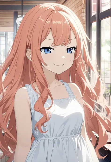 1 girl, salmon hair, long hair, blue eyes, white dress, smug expression, smug smile, CG