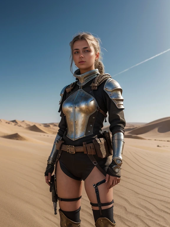 A European Girl Quixote style, rusty chrome camouflage , Super detailed dune environment, center, beautiful,  soft lighting , Character-centered,  4K resolution , Photorealistic rendering.