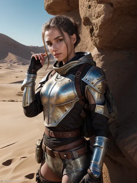 A European Girl Quixote style, rusty chrome camouflage , Super detailed dune environment, center, beautiful,  soft lighting , Character-centered,  4K resolution , Photorealistic rendering.