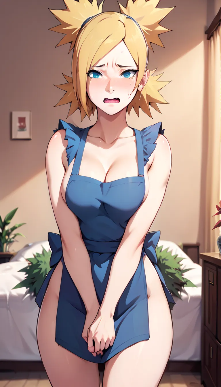 temari\(boruto\), 1girl, blonde hair, quad tails, blue eyes, breasts, red face, embarrassed, ashamed, posing embarrassed, red fa...