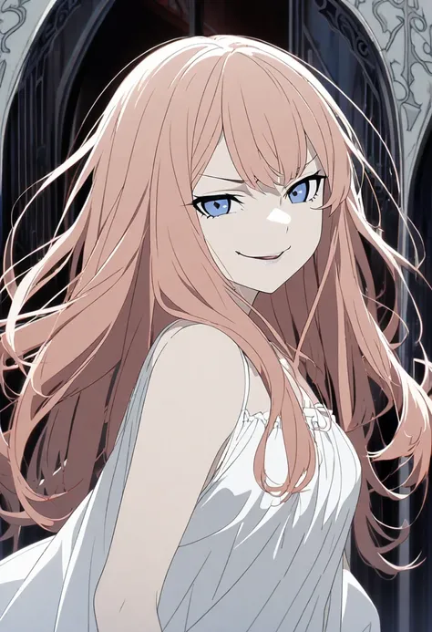 1 girl, salmon hair, long hair, blue eyes, white dress, smug expression, smug smile, vampire, without makeup, no make up, CG