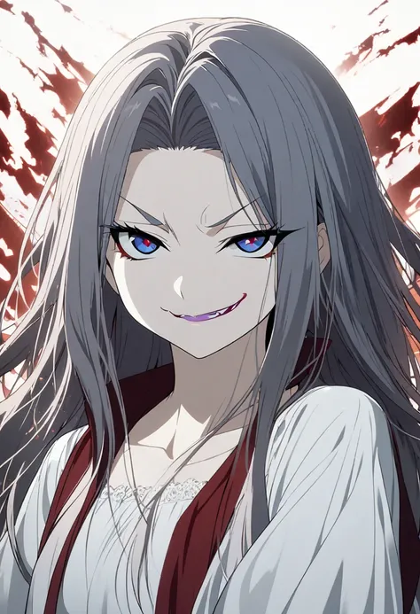 1 girl, salmon hair, long hair, blue eyes, white dress, smug expression, smug smile, vampire, without makeup, no make up, CG