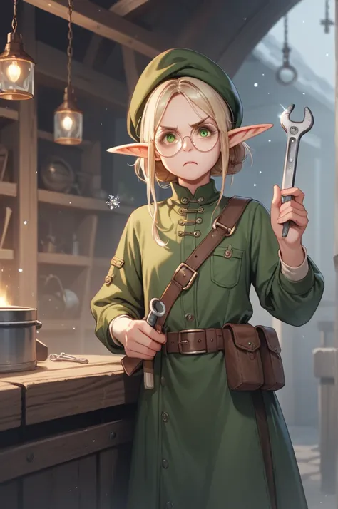 An elf standing confidently in a red-and-green outfit, a pointy hat with a bell at the tip, and big round glasses. The elf is holding a large wrench in one hand, wearing a tool belt with a screwdriver and small hammer. The workshop is bustling behind him, ...